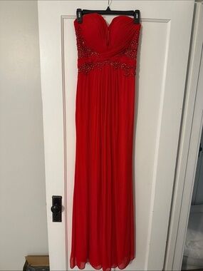 La Femme Red Strapless Beaded Evening Gown